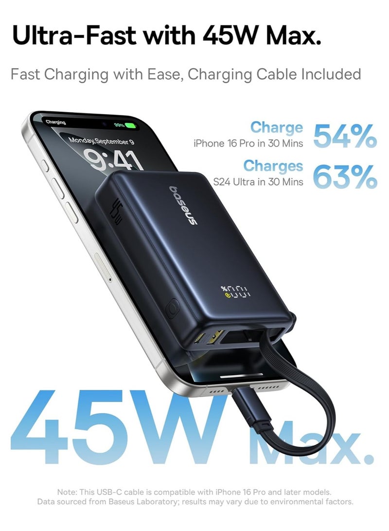 Baseus 10000 mAh PicoGo Digital Display 45W Fast Charge Power Bank with Built-in Type-C Cable, Type-C Port, and 22.5W USB-A QC 3.0 Port – Black  - Image 1