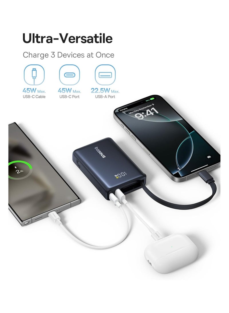 Baseus 10000 mAh PicoGo Digital Display 45W Fast Charge Power Bank with Built-in Type-C Cable, Type-C Port, and 22.5W USB-A QC 3.0 Port – Black  - Image 2