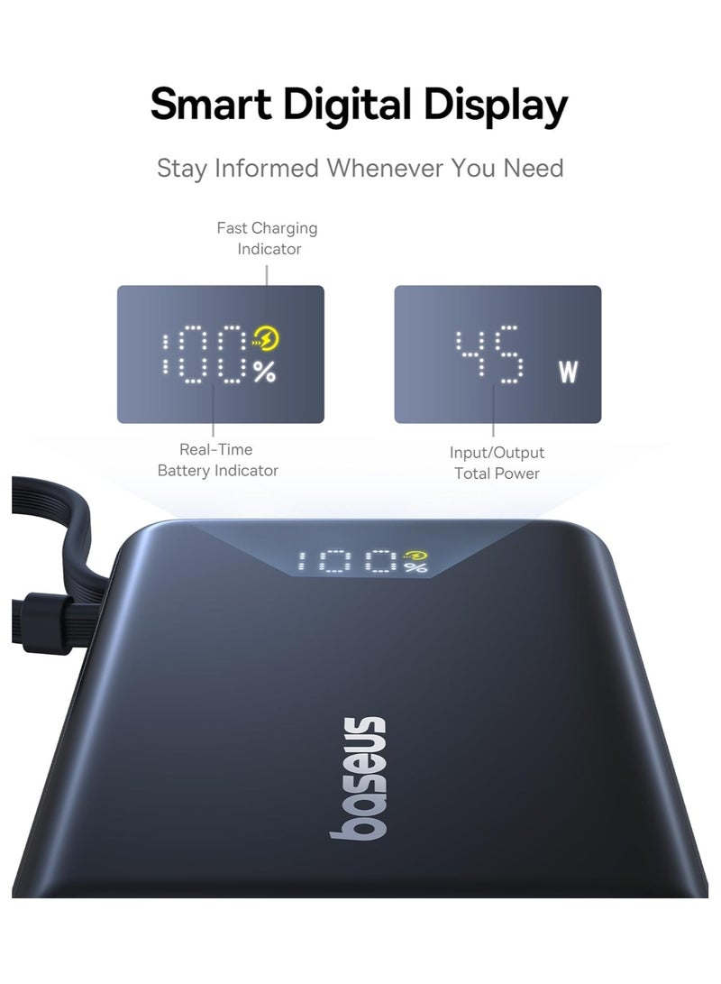 Baseus 10000 mAh PicoGo Digital Display 45W Fast Charge Power Bank with Built-in Type-C Cable, Type-C Port, and 22.5W USB-A QC 3.0 Port – Black  - Image 3