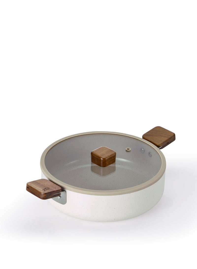 نيو فلام Bien Low Cooking Pot 24 Cm With Glass Lid Wood Knope Wood Hand Cream Beige Marble 