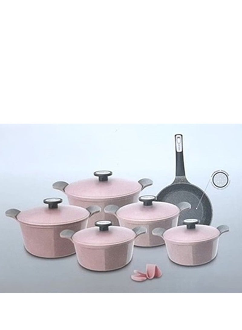 نيو فلام Pote Cooking Set 11 Pieces Sizes Pots 20 Cm 22 Cm 24 Cm 26 Cm 28 Cm Frypans 26 Cm Decast Aluminum With Ecolon Coating Marble Top Coating Pink  - Image 1