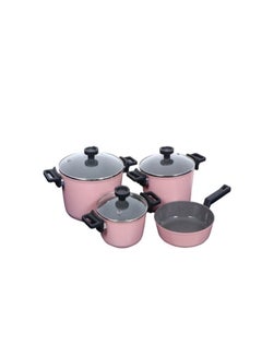 Neoflam Reverse Forged Aluminum With Marble Coating Cookware Set With Glass Lid 7 Pieces Set (Pot 20 24 28cm Frypan 24cm) Pink  - Image 1
