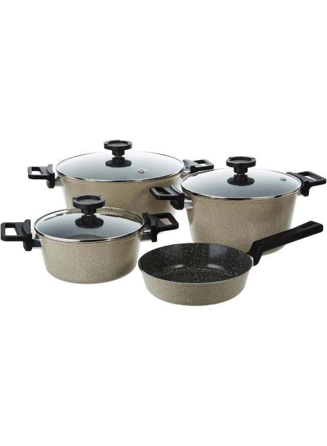 Neoflam Reverse Forged Aluminum With Marble Coating Cookware Set With Glass Lid 7 Pieces Set (Pot 20 24 28cm Frypan 24cm) Warm Marble  - Image 1