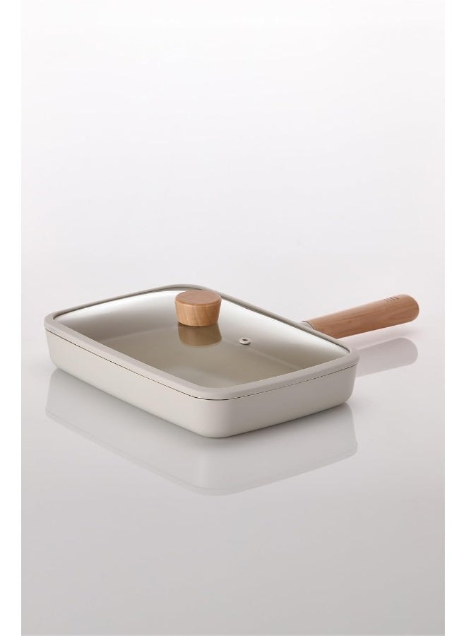 نيو فلام Fika Off Nonstick Rectangular Sand Brunch Pan With Glass Lid And Ih Induction Technology 29 Cm White  - Image 1