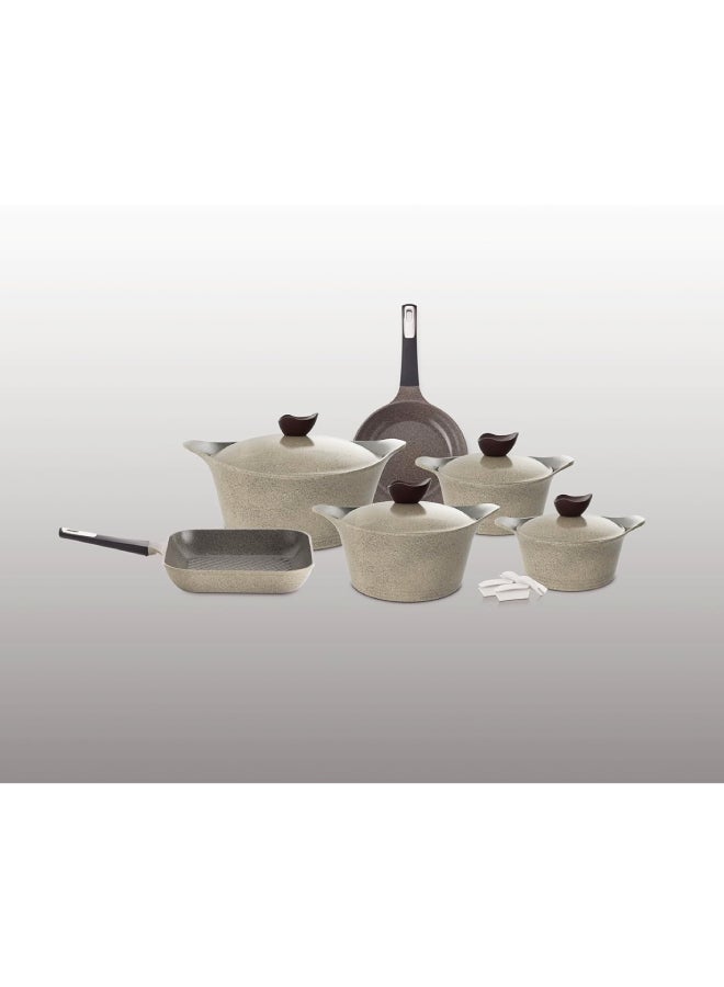 Neoflam Aeni Cooking Set, 14 Pieces, Nonstick Diecasted Aluminum Stockpot 18 20 24 28 Frypan 26 Grill 28 Warm Marble Warm Marble - Image 1