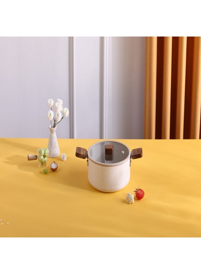 نيو فلام Bien Cooking Pot 18 Cm With Glass Lid Wood Knope Wood Hand Cream Beige Marble  - Image 1
