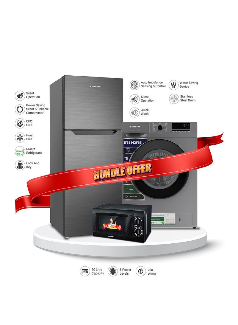 NIKAI Bundle 410L Double Door Refrigerator + 7kg FL Fully Automatic Washing Machine (NWM700FN9S) + Microwave 20L (NMO616) 113 W NRF410FSS+NWM+NMO Silver - Image 1