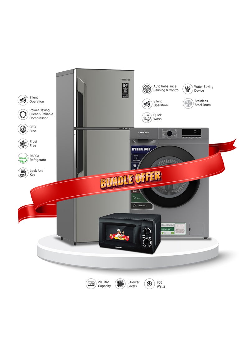 نيكاي Bundle 500L Double Door Frost Free Refrigerator (NRF500FSS) + 7kg FL Fully Automatic Washing Machine (NWM700FN9S) + Microwave 20L (NMO616) 113 W NRF500FSS+ NWM+NM0 Silver  - Image 1