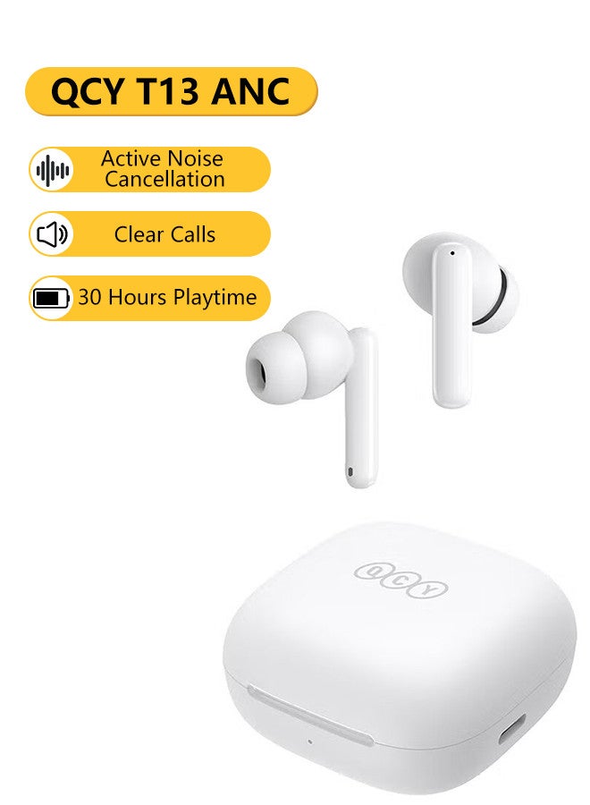 QCY T13 ANC Bluetooth Earphones, Active Noise Cancelling Wireless Earbuds, Gaming In Ear Earphones, 4 Mics Clear Calls, 30H Playtime White  - Image 1