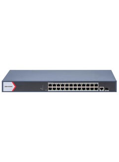 HIKVISION DS-3E1526P-EI/M 24-Port Gigabit Smart PoE Switch with 1 Gigabit Fiber, 1 Gigabit RJ45 Port, 230W PoE Power Budget, 6KV Surge Protection, Long Range PoE up to 300m, VLAN, Link Aggregation, Port Isolation, Remote Management via Hik-Partner Pro, Cloud Management, 56 Gbps Switching Capacity, 4.1 Mbits Internal Cache, Rack-Mountable, 802.3af/at, Web Management, and Cable Detection. Bule 