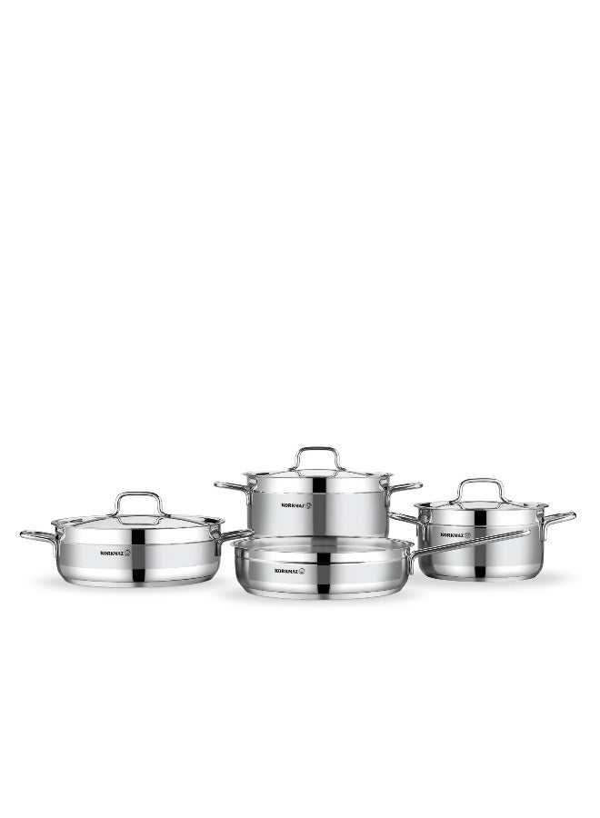 Korkmaz Alfaron 7 Pieces Stainless Steel Cookware Set |Stainless Steel Tri-Ply Sandwich Base | Induction Compatible Pots and Pans Set | Silver - KA1954 Silver Silver - Image 1