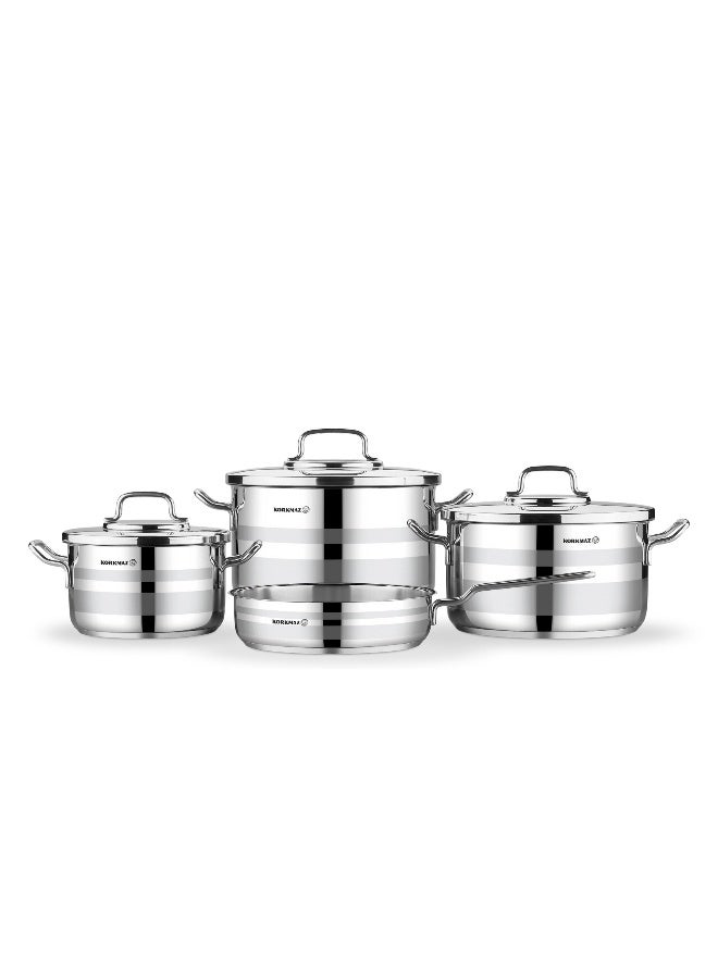 Korkmaz Astron 7 Pieces Cookware Set | Stainless Steel Tri-Ply Sandwich Base | Induction Compatible Cooking Set | Silver - KA2054 Silver Silver - Image 1
