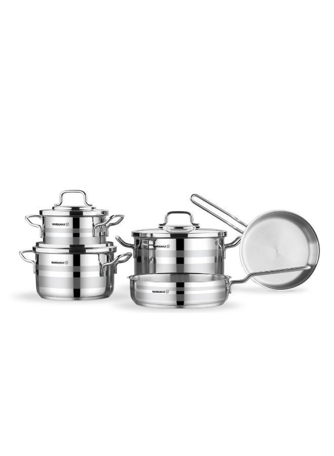كوركماز Korkmaz Astron Cookware Set 8 Pieces | Stainless Steel Pots and Pans Set | Induction Base Pans Set - 2055 Silver  - Image 2