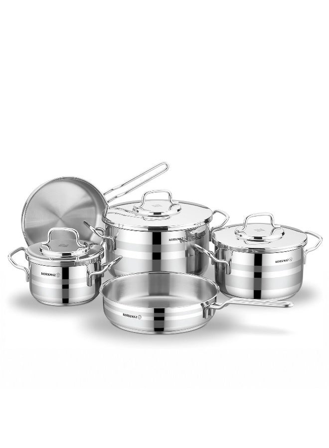 Korkmaz Astron 8 Pieces Stainless Steel Cookware Set | Stainless Steel Tri-Ply Sandwich Base | Induction Compatible Pots and Pans Set | Inductions Compatible Cooking Set | Silver - KA2055 Silver Silver - Image 1