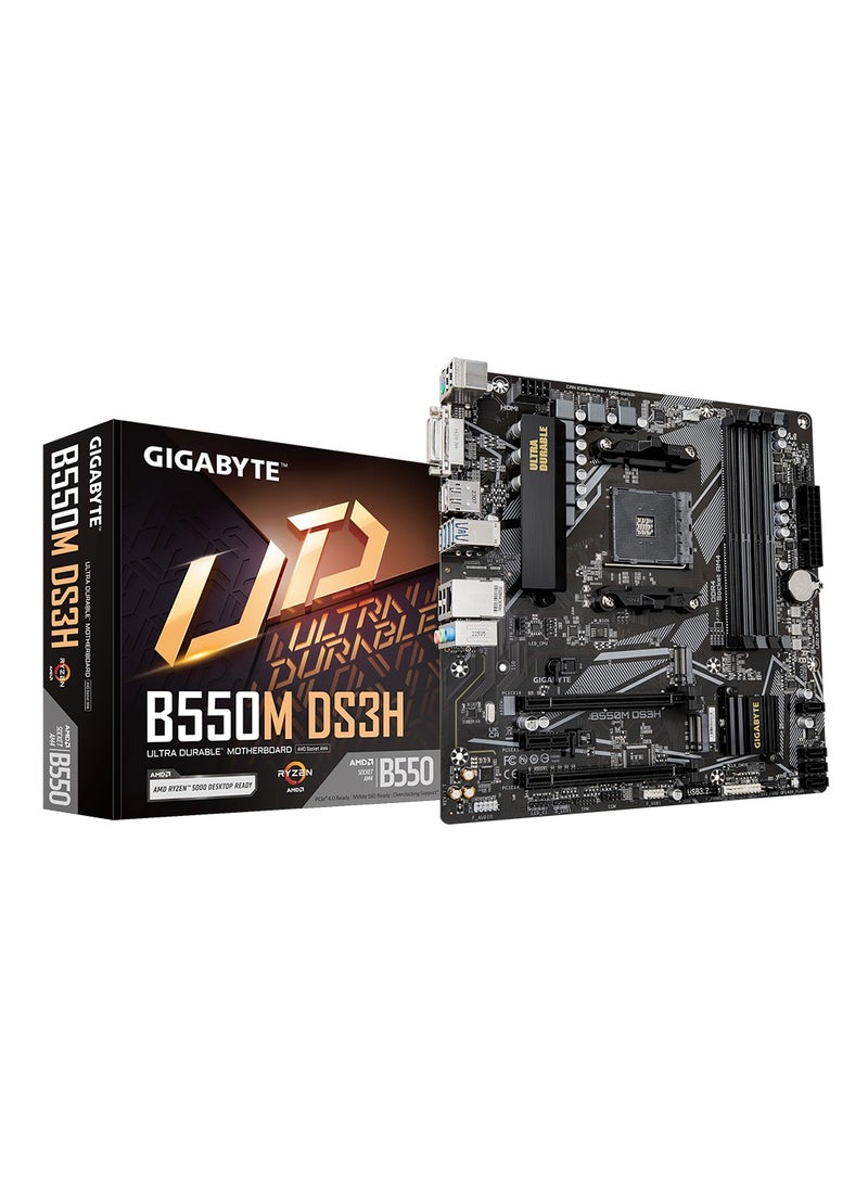 GIGABYTE - B550M DS3H (rev. 1.0/1.1/1.2/1.3) rev. 1.7 rev. 1.5 rev. 1.4 AMD B550 Ultra Durable Motherboard with Pure Digital VRM Solution, PCIe 4.0 x16 Slot, Dual PCIe 4.0/3.0 M.2 Connectors, Realtek GbE LAN, Smart Fan 5 with FAN STOP,  RGB FUSION 2.0, Q-Flash Plus BLACK - Image 1