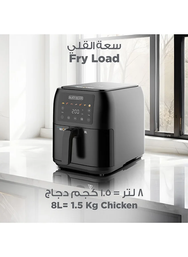 BLACK+DECKER Digital Air Fryer, 8L Family-Sized Capacity, 7 Preset Functions, Rapid Air Convection for Healthy Frying, Adjustable Temperature 80-200°C, Easy Clean,