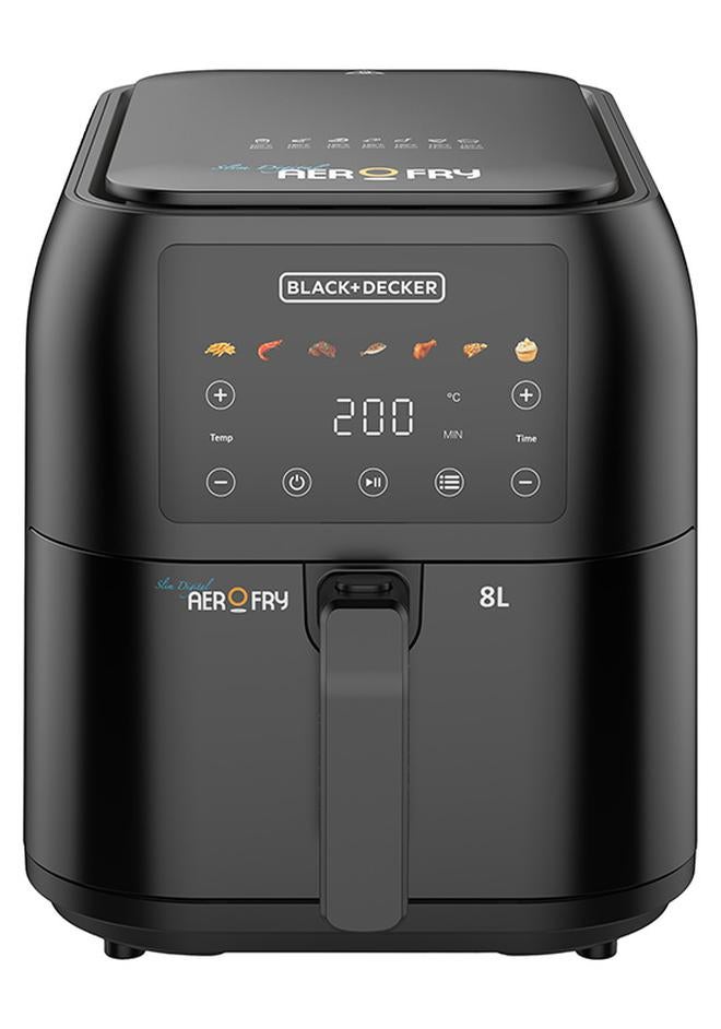 بلاك اند ديكر قلاية هوائية 8  ليتر، تصميم نحيف موفر للمساحة مناسبة للخبز وإعادة التسخين 1.75 كجم، 1700 واط، 7 برامج طهي للطعام، درجة حرارة من 80 إلى 200 درجة لوحة لمس ملونة،  SAF80-B5 8 L 1700 W SAF80-B5 أسود - Image 1