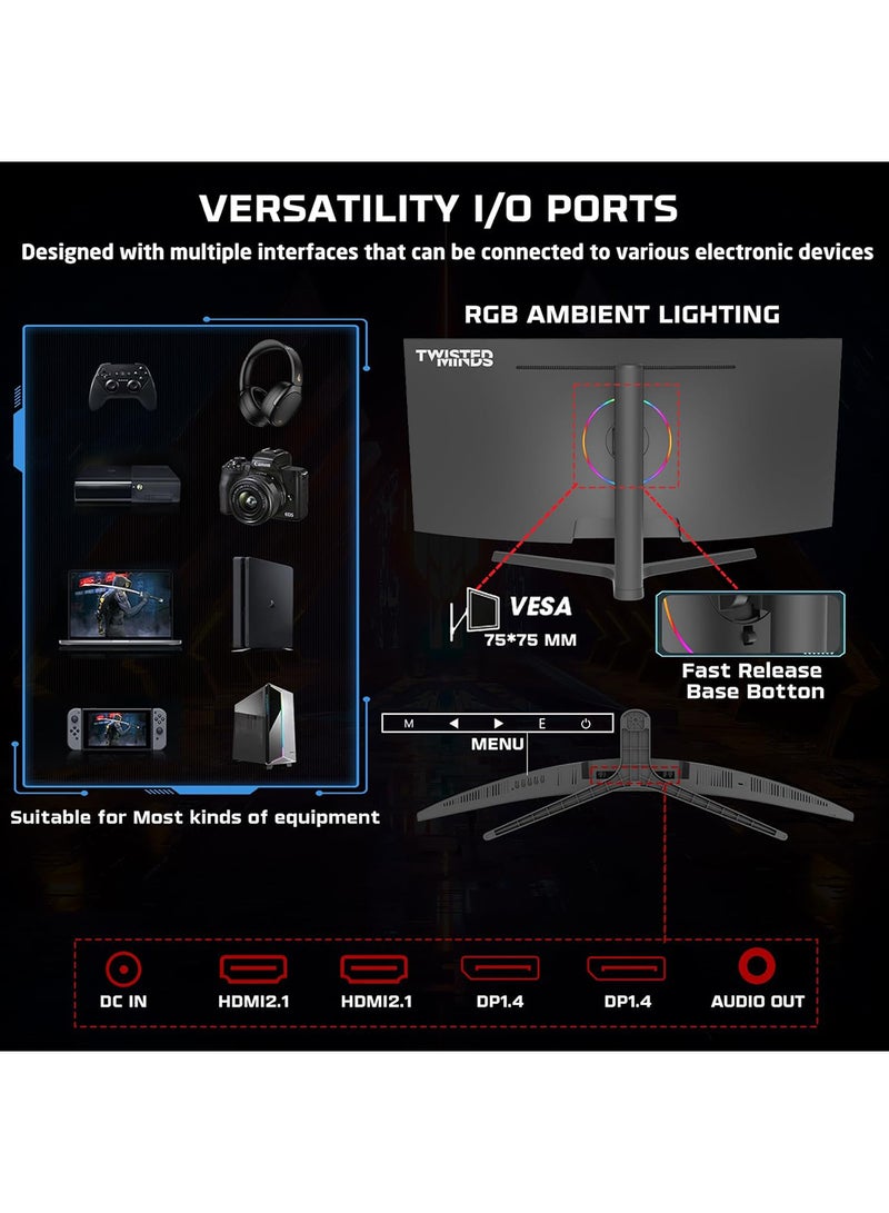 TWISTED MINDS - 34 inch WQHD Curved Gaming Monitor, 165Hz, 1ms MPRT, HDR 100, Dual HDMI 2.1 & DP, Adaptive Sync & G-SYNC, Built-in Speakers, 4000:1 Contrast, 280 nits Brightness TM34CWQHD165VA Black - Image 1