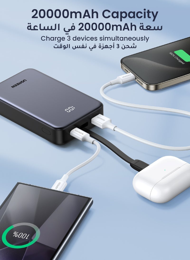 Ugreen - 20000 mAh Power Bank Built-in USB Type C Cable 20W Fast Charging Output Portable Charger 2C1A Multi Ports Battery Pack Supports SCP PPS PD For iPhone 16 15 Pro Max Galaxy S24 S23 Ultra Xiaomi Huawei Grey - Image 1