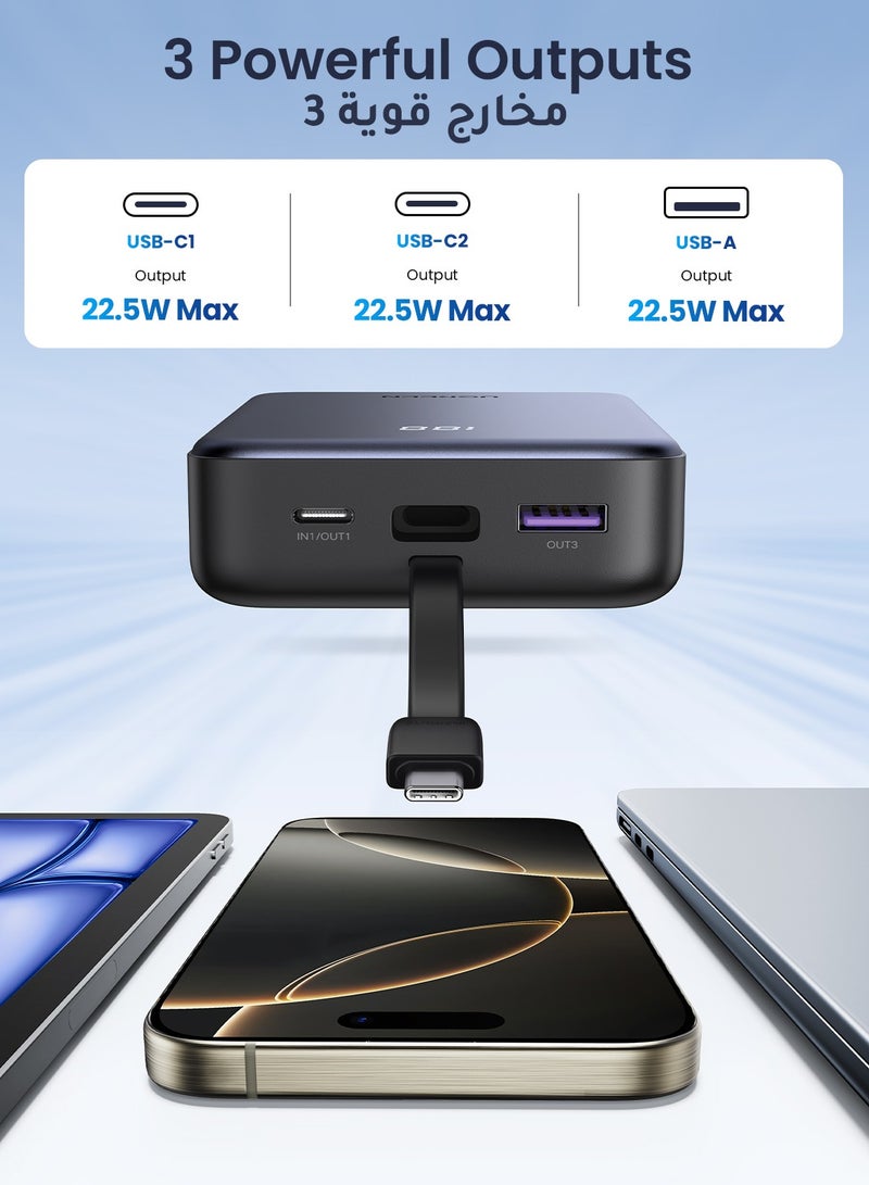 Ugreen - 20000 mAh Power Bank Built-in USB Type C Cable 20W Fast Charging Output Portable Charger 2C1A Multi Ports Battery Pack Supports SCP PPS PD For iPhone 16 15 Pro Max Galaxy S24 S23 Ultra Xiaomi Huawei Grey - Image 1
