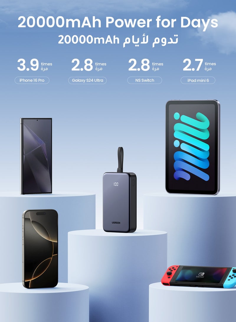 Ugreen - 20000 mAh Power Bank Built-in USB Type C Cable 20W Fast Charging Output Portable Charger 2C1A Multi Ports Battery Pack Supports SCP PPS PD For iPhone 16 15 Pro Max Galaxy S24 S23 Ultra Xiaomi Huawei Grey - Image 1