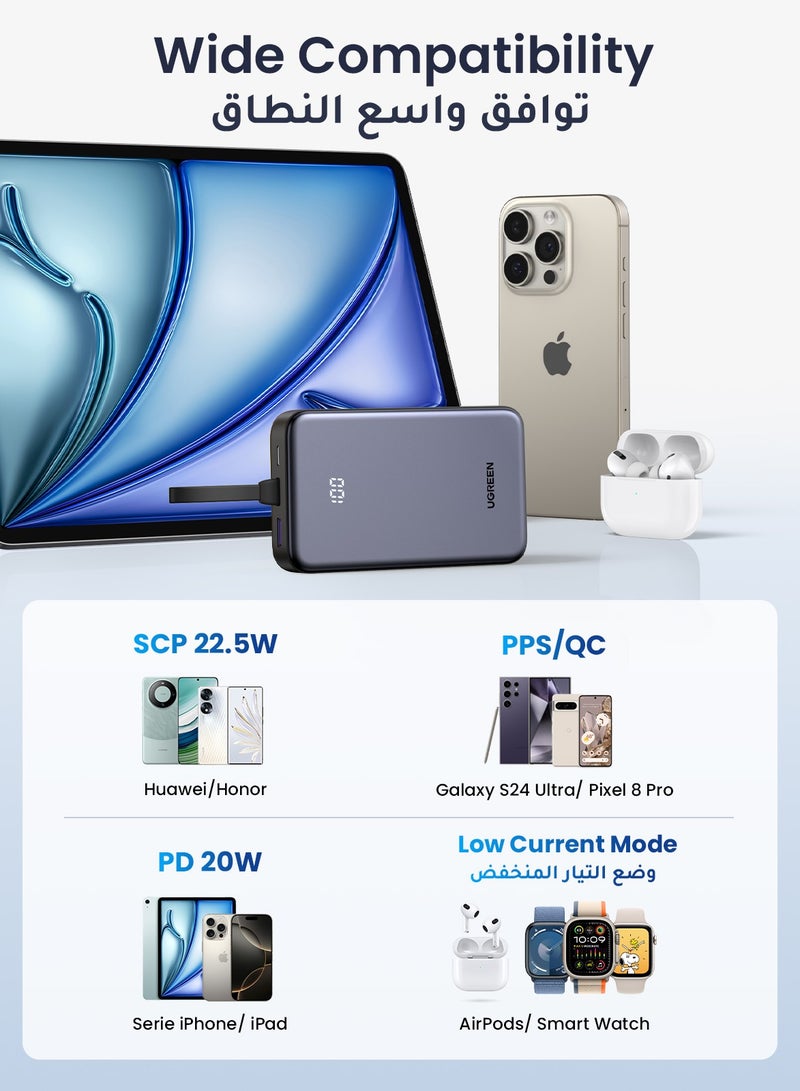 Ugreen - 20000 mAh Power Bank Built-in USB Type C Cable 20W Fast Charging Output Portable Charger 2C1A Multi Ports Battery Pack Supports SCP PPS PD For iPhone 16 15 Pro Max Galaxy S24 S23 Ultra Xiaomi Huawei Grey - Image 1