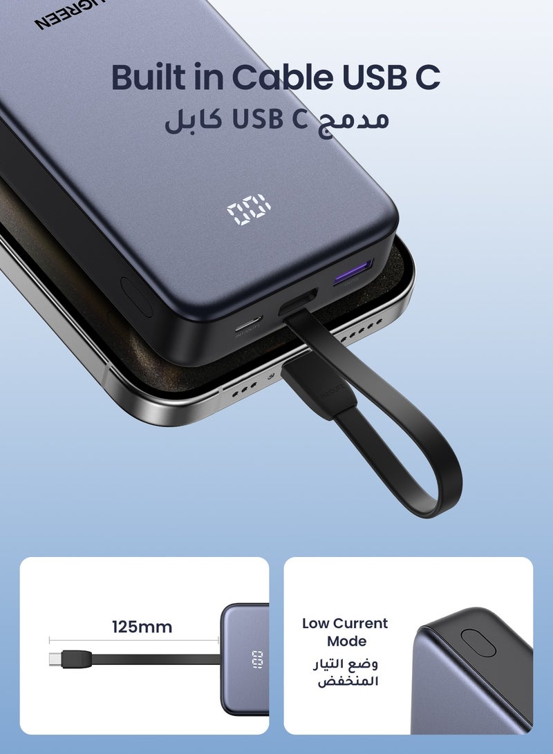 Ugreen - 20000 mAh Power Bank Built-in USB Type C Cable 20W Fast Charging Output Portable Charger 2C1A Multi Ports Battery Pack Supports SCP PPS PD For iPhone 16 15 Pro Max Galaxy S24 S23 Ultra Xiaomi Huawei Grey - Image 1