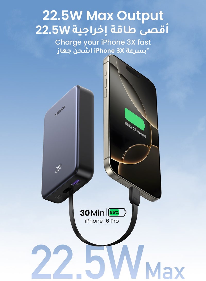 Ugreen - 20000 mAh Power Bank Built-in USB Type C Cable 20W Fast Charging Output Portable Charger 2C1A Multi Ports Battery Pack Supports SCP PPS PD For iPhone 16 15 Pro Max Galaxy S24 S23 Ultra Xiaomi Huawei Grey - Image 1