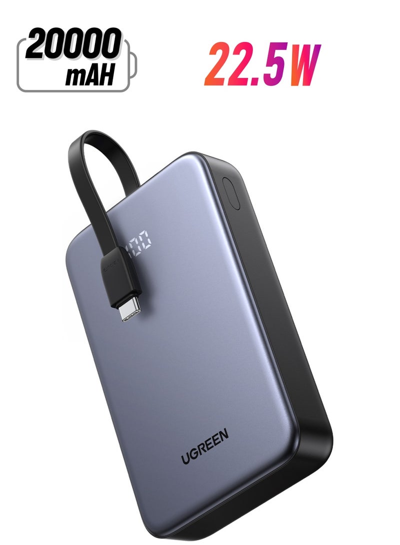 Ugreen - 20000 mAh Power Bank Built-in USB Type C Cable 20W Fast Charging Output Portable Charger 2C1A Multi Ports Battery Pack Supports SCP PPS PD For iPhone 16 15 Pro Max Galaxy S24 S23 Ultra Xiaomi Huawei Grey - Image 1