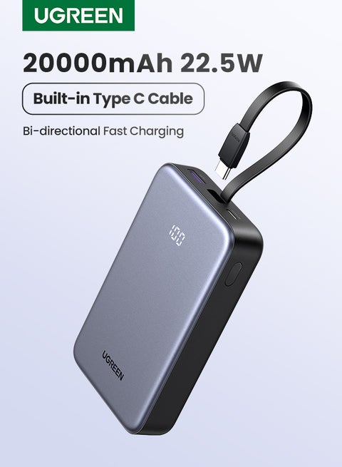 20000 mAh Power Bank Built-in USB Type C Cable 20W Fast Charging Output Portable Charger 2C1A Multi Ports Battery Pack Supports SCP PPS PD For iPhone 16 15 Pro Max Galaxy S24 S23 Ultra Xiaomi Huawei Grey
