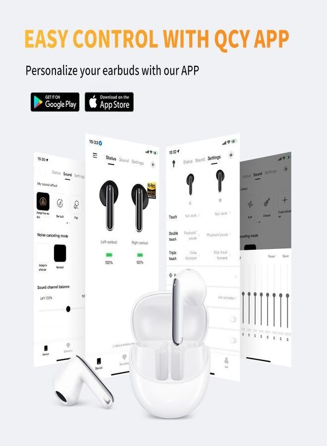 QCY - HT10 AilyBuds Pro Wireless Earphone, Adaptive Noise Cancelling Earbuds, Hi-Res Audio Clear Calls, 5.3 Bluetooth, Semi-in-Ear Design,Comfortable Wearing and 30-Hours Long Battery Life White - Image 1