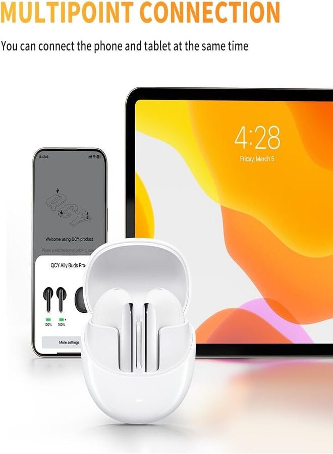 QCY - HT10 AilyBuds Pro Wireless Earphone, Adaptive Noise Cancelling Earbuds, Hi-Res Audio Clear Calls, 5.3 Bluetooth, Semi-in-Ear Design,Comfortable Wearing and 30-Hours Long Battery Life White - Image 1