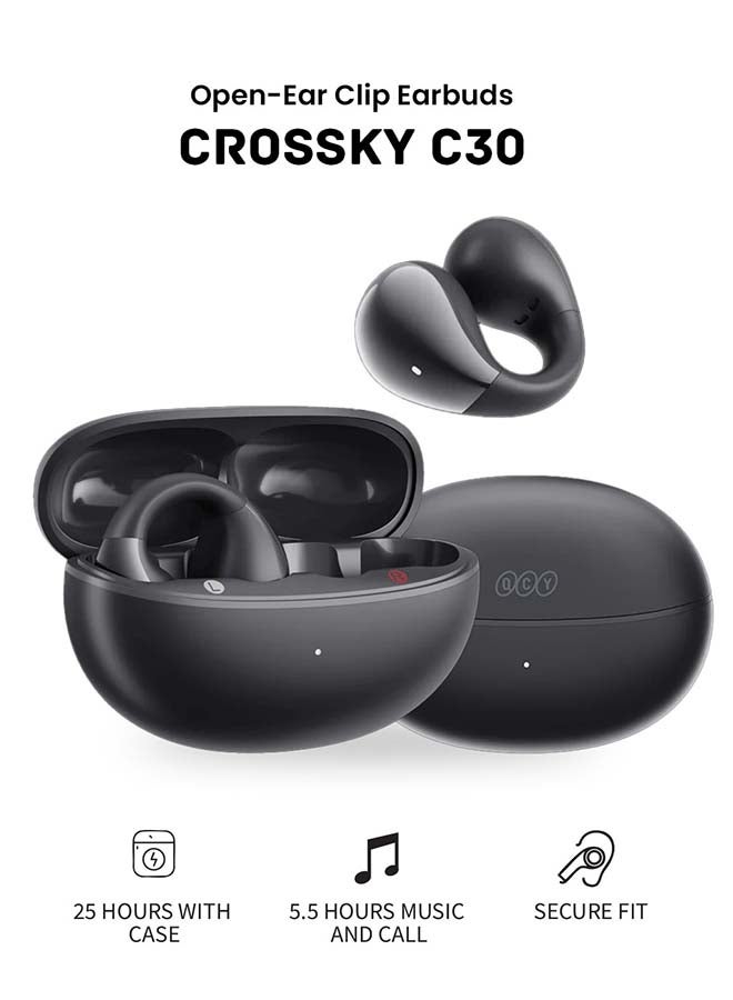 QCY - Crossky C30 Open-Ear Earbuds, Wireless Clip-On Headphones Bluetooth 5.4, Comfortable Stable Fit, AI Crystal-Clear Call, Dual-Device Connections, Waterproof Earphones for Sports/Workout/Running Black - Image 1