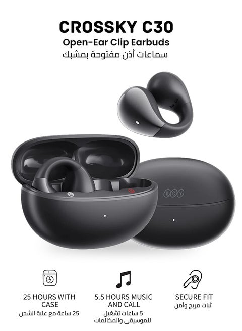 Crossky C30 Open-Ear Earbuds, Wireless Clip-On Headphones Bluetooth 5.4, Comfortable Stable Fit, AI Crystal-Clear Call, Dual-Device Connections, Waterproof Earphones for Sports/Workout/Running Black