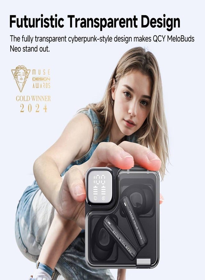 QCY - MeloBuds Neo Wireless Earbuds, Bluetooth 5.3 Earphones with HiFi Stereo Deep Bass, Personalized EQs, 4 Mics ENC Calls, LED Power Display, 24H Playtime, Dual Connection, IPX5 Waterproof - Black - Image 1