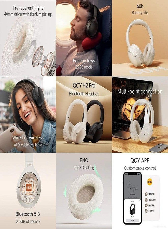 QCY - H2 Pro Wireless Over-Ear Headphones,43dB hybrid Active Noice Cancellation,BASS Mode Enhanced Music Experience,Bluetooth 5.3 Connection,Long Battery, Low Latency for Gaming & Stylish Design White - Image 1