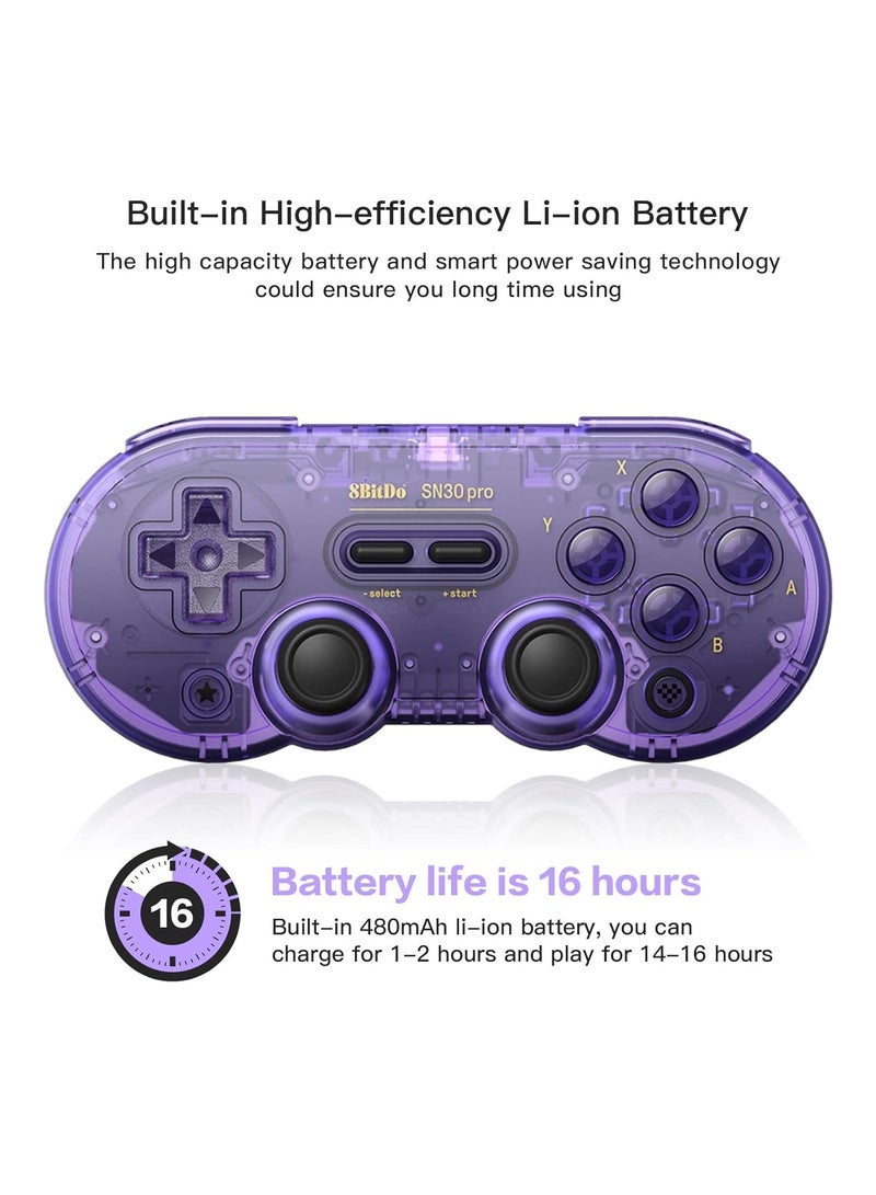 8بت دو وحدة تحكم SN30 Pro اللاسلكية بلوتوث (تحديث عصا التحكم بتأثير هول) مع اهتزاز عصي التحكم وكابل USB-C متوافق مع Switch و Windows و Mac OS و Android و Steam (بنفسجي شفاف) - Image 4