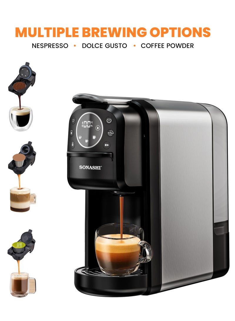 SONASHI - 3 in 1 Multi Capsule Coffee Machine - With 700ML Detachable Water Tank | 20 Bar Powerful Pressure with Touch Control Panel and Indicator Light | 3 Optional Adaptors - Nespresso/Dolce Gusto/Coffee Powder and Auto Shut Off Options | Cafe Style Coffee Maker 700 ml 1400 W SCM-4984 Black/Grey - Image 1