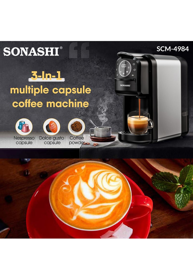 SONASHI - 3 in 1 Multi Capsule Coffee Machine - With 700ML Detachable Water Tank | 20 Bar Powerful Pressure with Touch Control Panel and Indicator Light | 3 Optional Adaptors - Nespresso/Dolce Gusto/Coffee Powder and Auto Shut Off Options | Cafe Style Coffee Maker 700 ml 1400 W SCM-4984 Black/Grey - Image 1
