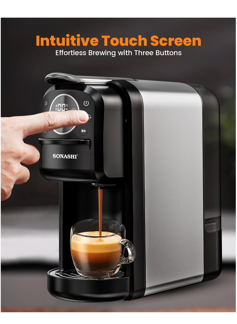 SONASHI - 3 in 1 Multi Capsule Coffee Machine - With 700ML Detachable Water Tank | 20 Bar Powerful Pressure with Touch Control Panel and Indicator Light | 3 Optional Adaptors - Nespresso/Dolce Gusto/Coffee Powder and Auto Shut Off Options | Cafe Style Coffee Maker 700 ml 1400 W SCM-4984 Black/Grey - Image 1
