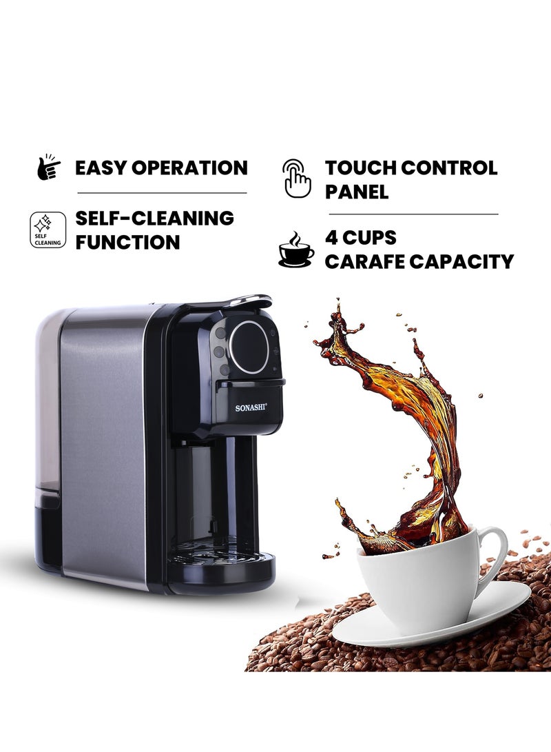 SONASHI - 3 in 1 Multi Capsule Coffee Machine - With 700ML Detachable Water Tank | 20 Bar Powerful Pressure with Touch Control Panel and Indicator Light | 3 Optional Adaptors - Nespresso/Dolce Gusto/Coffee Powder and Auto Shut Off Options | Cafe Style Coffee Maker 700 ml 1400 W SCM-4984 Black/Grey - Image 1