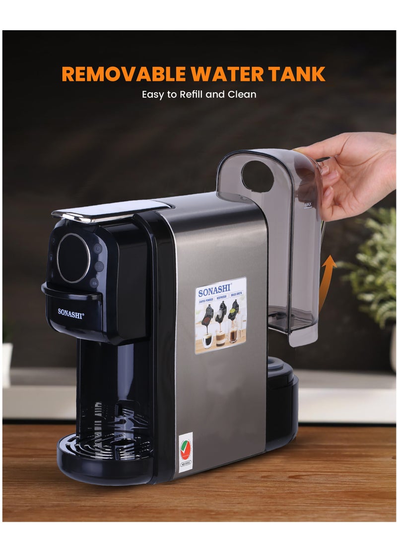 SONASHI - 3 in 1 Multi Capsule Coffee Machine - With 700ML Detachable Water Tank | 20 Bar Powerful Pressure with Touch Control Panel and Indicator Light | 3 Optional Adaptors - Nespresso/Dolce Gusto/Coffee Powder and Auto Shut Off Options | Cafe Style Coffee Maker 700 ml 1400 W SCM-4984 Black/Grey - Image 1