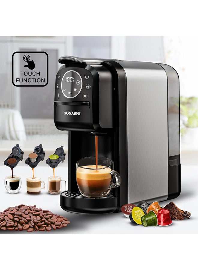 SONASHI - 3 in 1 Multi Capsule Coffee Machine - With 700ML Detachable Water Tank | 20 Bar Powerful Pressure with Touch Control Panel and Indicator Light | 3 Optional Adaptors - Nespresso/Dolce Gusto/Coffee Powder and Auto Shut Off Options | Cafe Style Coffee Maker 700 ml 1400 W SCM-4984 Black/Grey - Image 1