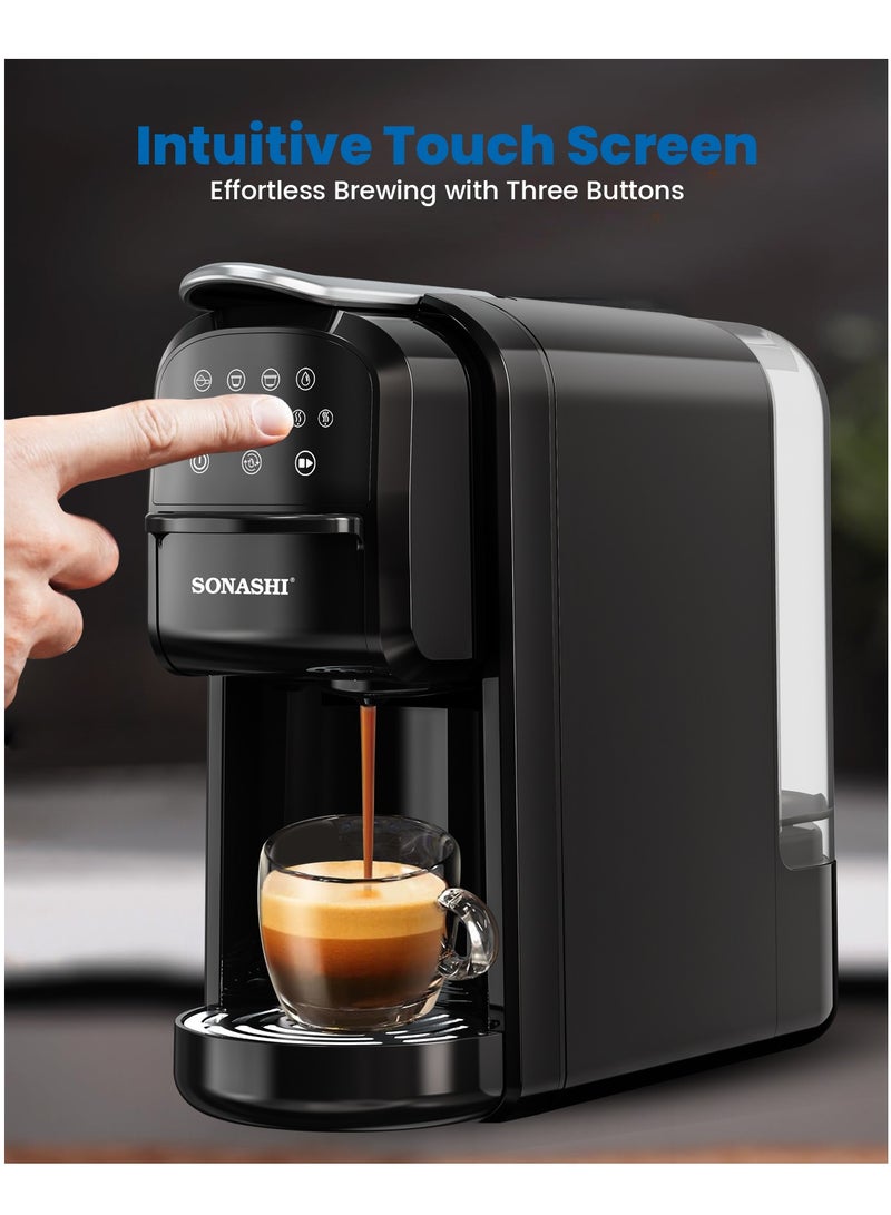 SONASHI - 3 in 1 Multi Capsule Coffee Machine - With 700ML Detachable Water Tank | 20 Bar Powerful Pressure with Touch Control Panel and Indicator Light | 3 Optional Adaptors - Nespresso/Dolce Gusto/Coffee Powder and Auto Shut Off Options | Cafe Style Coffee Maker 700 ml 1400 W SCM-4985 Black - Image 1