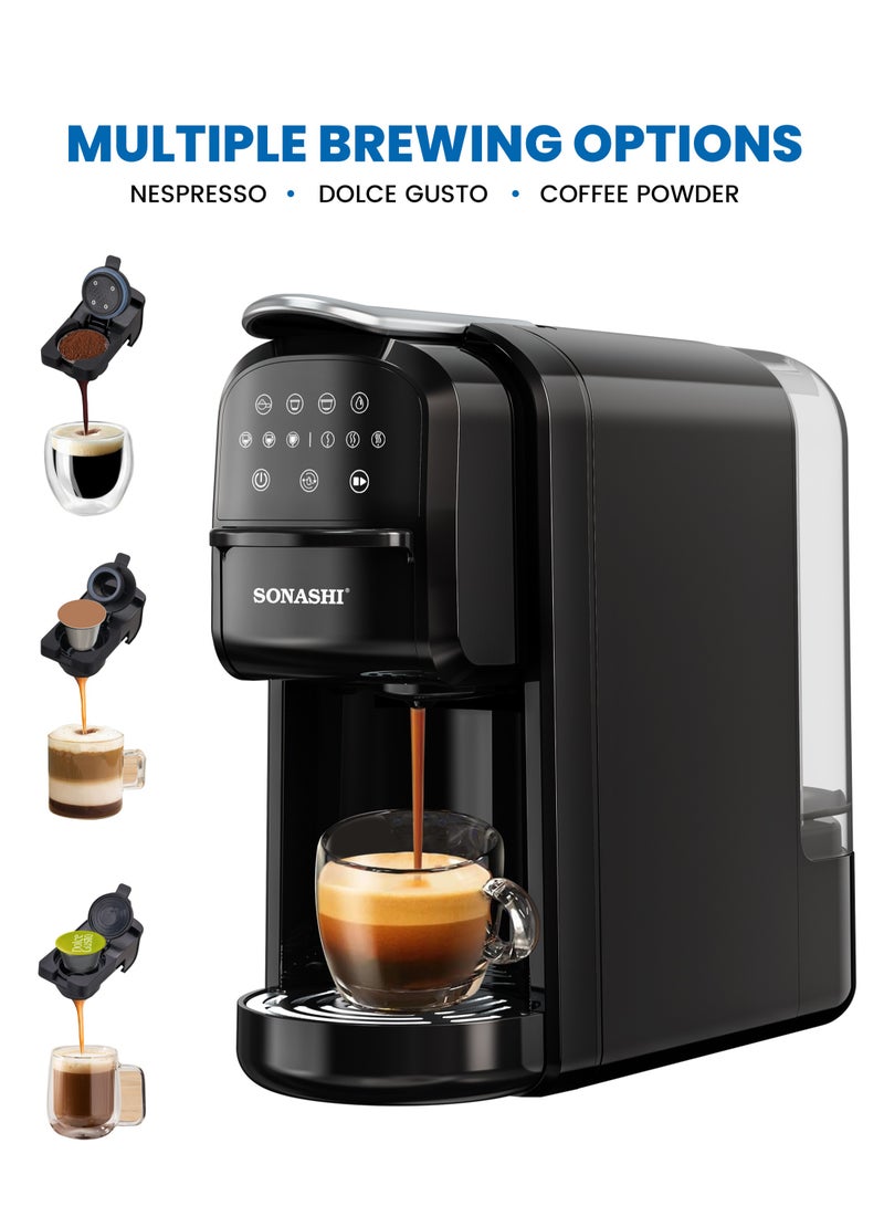 SONASHI - 3 in 1 Multi Capsule Coffee Machine - With 700ML Detachable Water Tank | 20 Bar Powerful Pressure with Touch Control Panel and Indicator Light | 3 Optional Adaptors - Nespresso/Dolce Gusto/Coffee Powder and Auto Shut Off Options | Cafe Style Coffee Maker 700 ml 1400 W SCM-4985 Black - Image 1