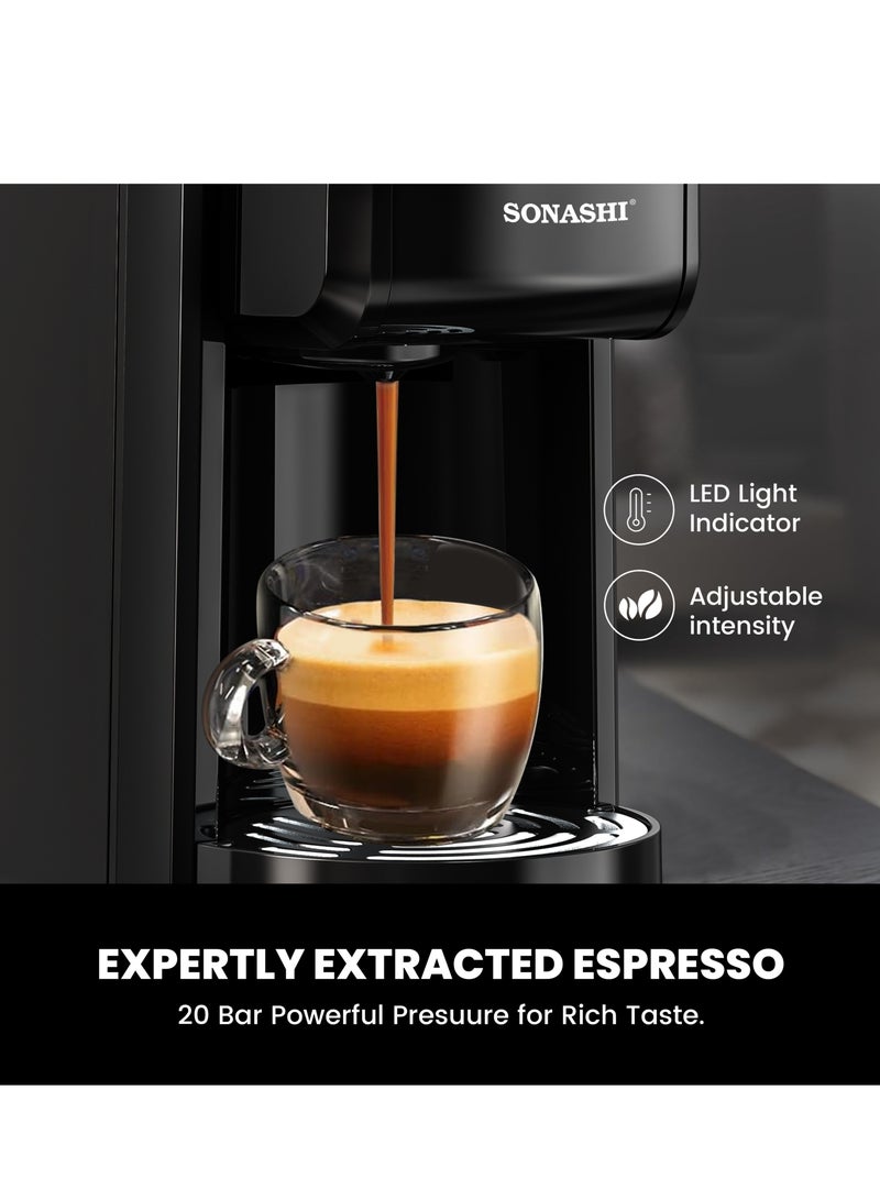 SONASHI - 3 in 1 Multi Capsule Coffee Machine - With 700ML Detachable Water Tank | 20 Bar Powerful Pressure with Touch Control Panel and Indicator Light | 3 Optional Adaptors - Nespresso/Dolce Gusto/Coffee Powder and Auto Shut Off Options | Cafe Style Coffee Maker 700 ml 1400 W SCM-4985 Black - Image 1