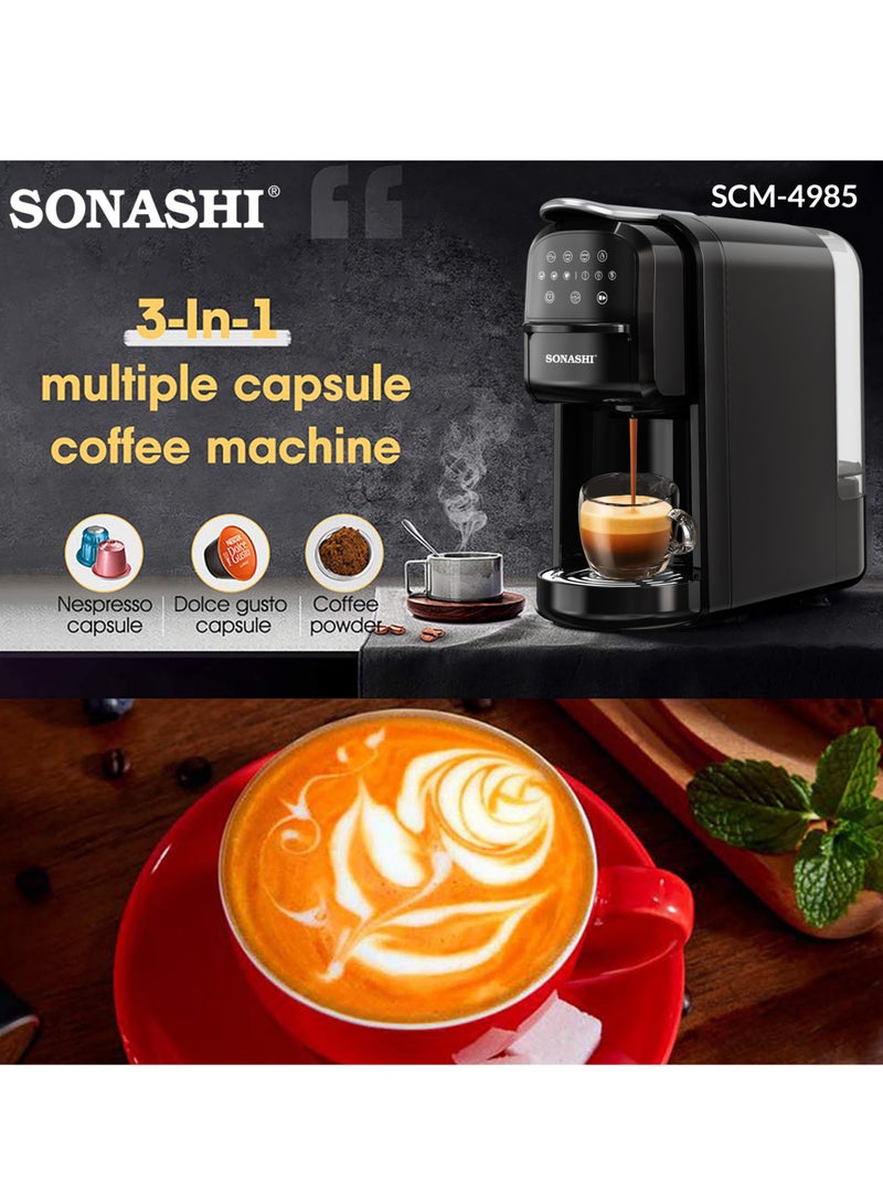 SONASHI - 3 in 1 Multi Capsule Coffee Machine - With 700ML Detachable Water Tank | 20 Bar Powerful Pressure with Touch Control Panel and Indicator Light | 3 Optional Adaptors - Nespresso/Dolce Gusto/Coffee Powder and Auto Shut Off Options | Cafe Style Coffee Maker 700 ml 1400 W SCM-4985 Black - Image 1