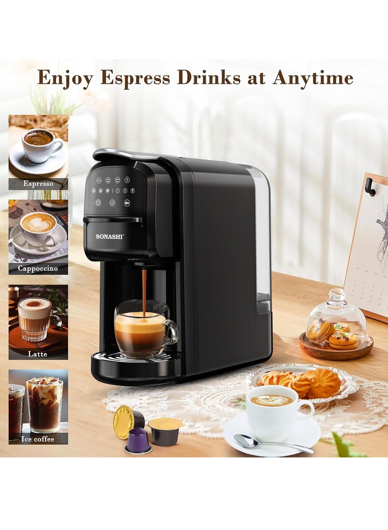SONASHI - 3 in 1 Multi Capsule Coffee Machine - With 700ML Detachable Water Tank | 20 Bar Powerful Pressure with Touch Control Panel and Indicator Light | 3 Optional Adaptors - Nespresso/Dolce Gusto/Coffee Powder and Auto Shut Off Options | Cafe Style Coffee Maker 700 ml 1400 W SCM-4985 Black - Image 1