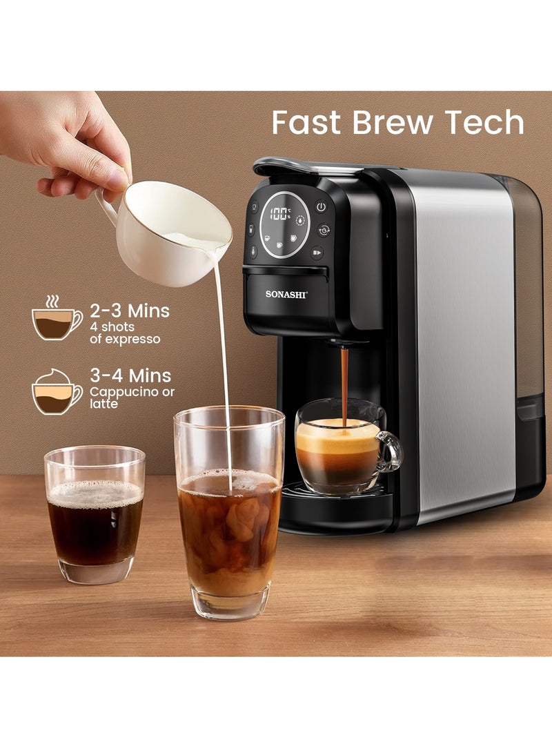SONASHI - 3 in 1 Multi Capsule Coffee Machine - With 700ML Detachable Water Tank | 20 Bar Powerful Pressure with Touch Control Panel and Indicator Light | 3 Optional Adaptors - Nespresso/Dolce Gusto/Coffee Powder and Auto Shut Off Options | Cafe Style Coffee Maker 700 ml 1400 W SCM-4985 Black - Image 1
