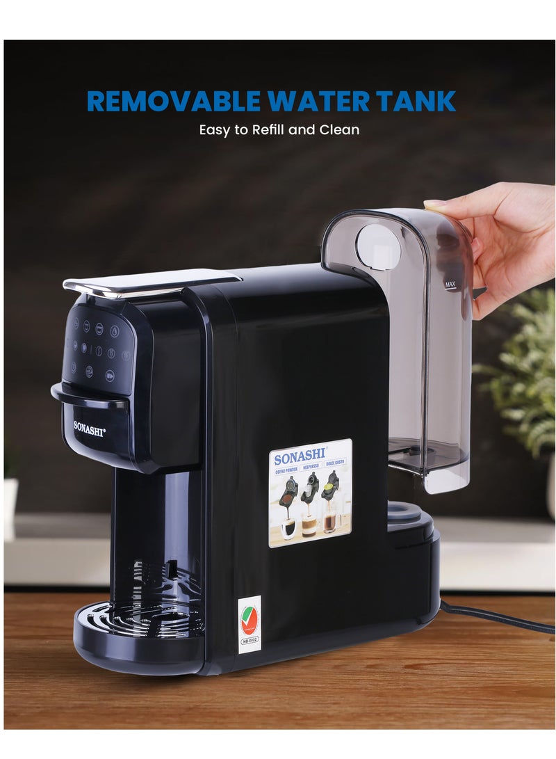SONASHI - 3 in 1 Multi Capsule Coffee Machine - With 700ML Detachable Water Tank | 20 Bar Powerful Pressure with Touch Control Panel and Indicator Light | 3 Optional Adaptors - Nespresso/Dolce Gusto/Coffee Powder and Auto Shut Off Options | Cafe Style Coffee Maker 700 ml 1400 W SCM-4985 Black - Image 1